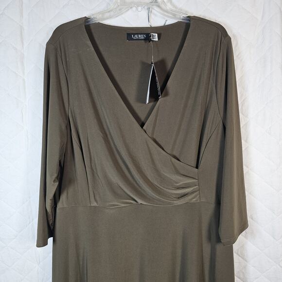 Lauren Ralph Lauren Womens Jersey Dress Sz 16 Olive Green Stretch *No Sash $145 - Picture 5 of 11